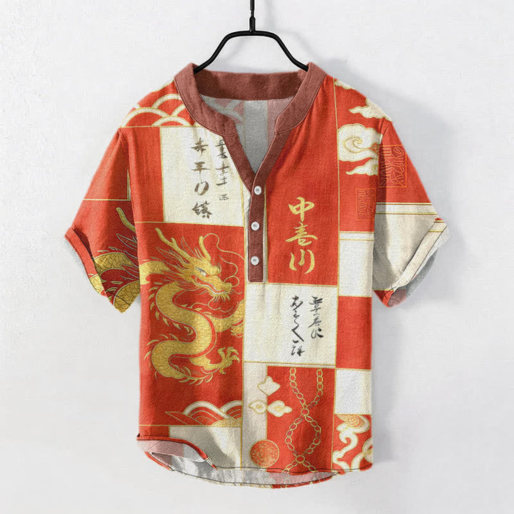 Buddha Stones Cotton Golden Dragon Cloud Wave Emblem Men's Short Sleeve Half Button Shirt - OrangeRed - US/UK/AU50，EU60 (5XL) - image 7
