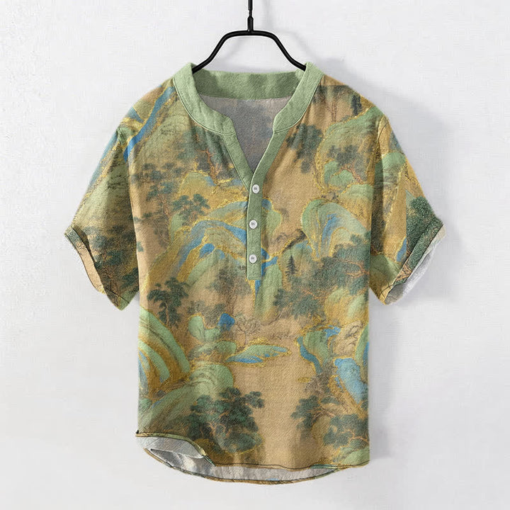 Buddha Stones Cotton Mountain Emblem Men's Short Sleeve Half Button Shirt - DarkSeaGreen - US/UK/AU50，EU60 (5XL) - image 0