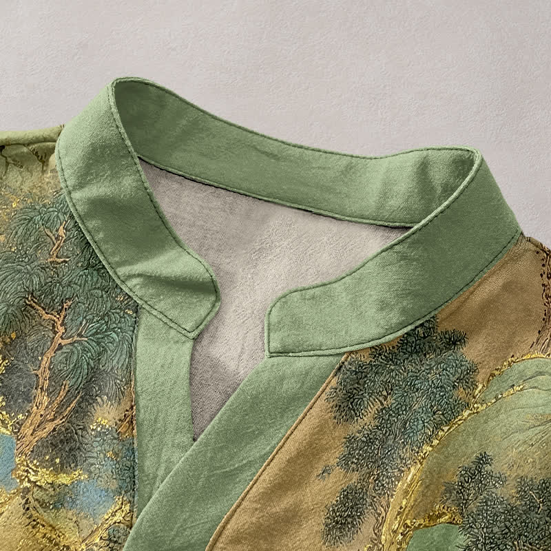 Buddha Stones Cotton Mountain Emblem Men's Short Sleeve Half Button Shirt - image 2