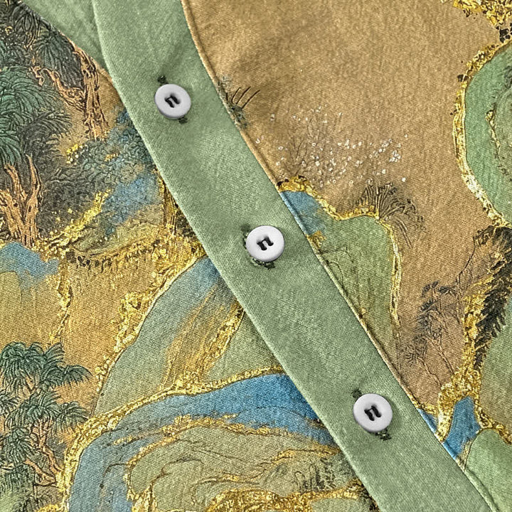 Buddha Stones Cotton Mountain Emblem Men's Short Sleeve Half Button Shirt - image 3