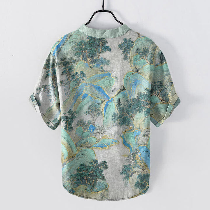 Buddha Stones Cotton Mountain Emblem Men's Short Sleeve Half Button Shirt - image 6