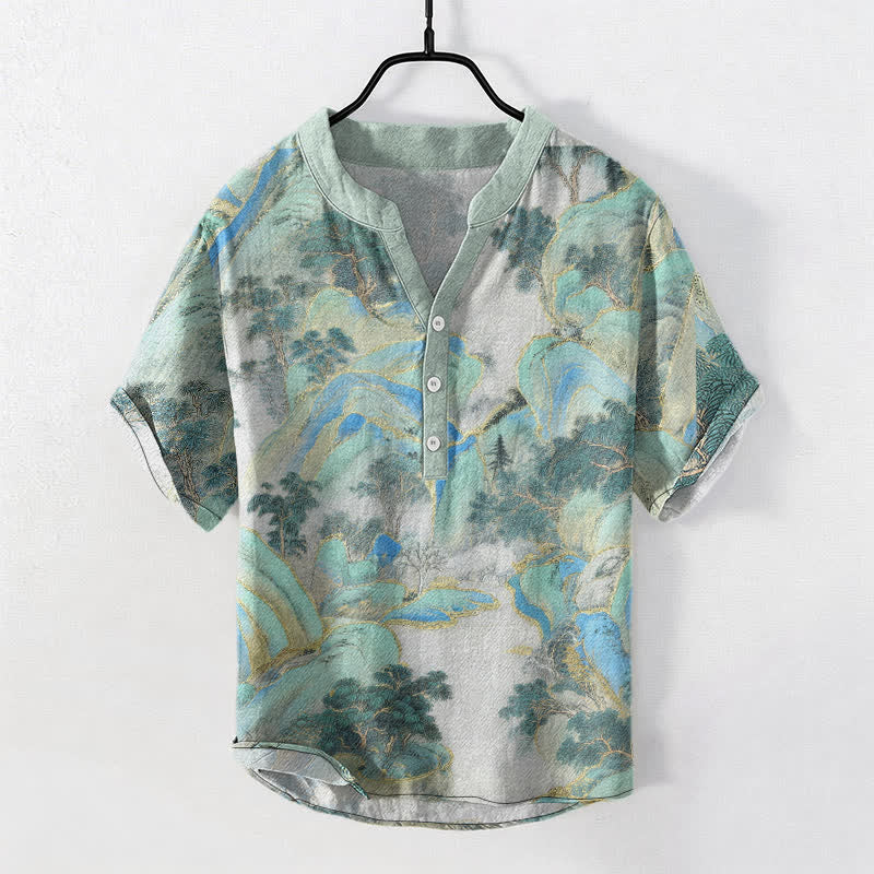 Buddha Stones Cotton Mountain Emblem Men's Short Sleeve Half Button Shirt - MediumTurquoise - US/UK/AU50，EU60 (5XL) - image 5