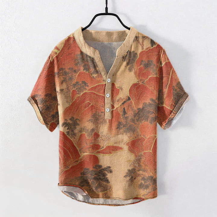 Buddha Stones Cotton Mountain Emblem Men's Short Sleeve Half Button Shirt - OrangeRed - US/UK/AU50，EU60 (5XL) - image 7