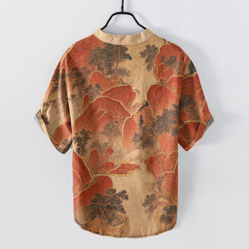 Buddha Stones Cotton Mountain Emblem Men's Short Sleeve Half Button Shirt - image 8