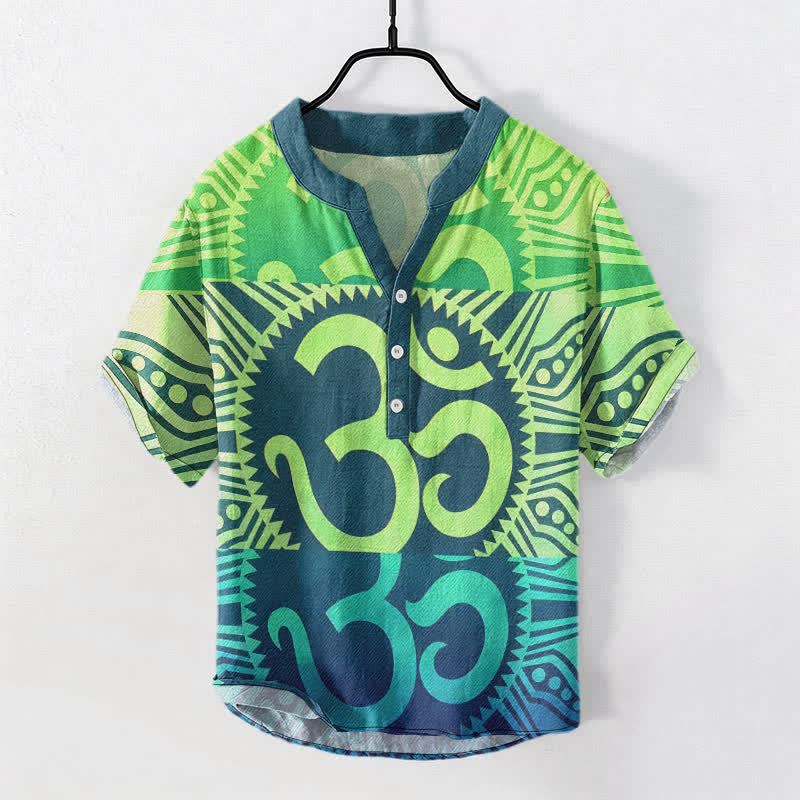 Buddha Stones Cotton Om Emblem Men's Short Sleeve Half Button Shirt - Chartreuse - US/UK/AU50，EU60 (5XL) - image 4