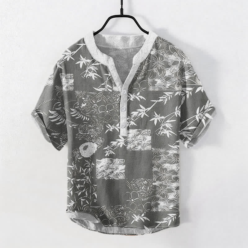 Buddha Stones Cotton Bamboo Plum Emblem Men's Short Sleeve Half Button Shirt - DimGray - US/UK/AU50，EU60 (5XL) - image 5