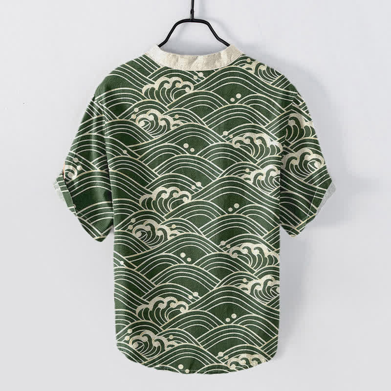 Buddha Stones Cotton Wave Emblem Men's Short Sleeve Half Button Shirt - image 6