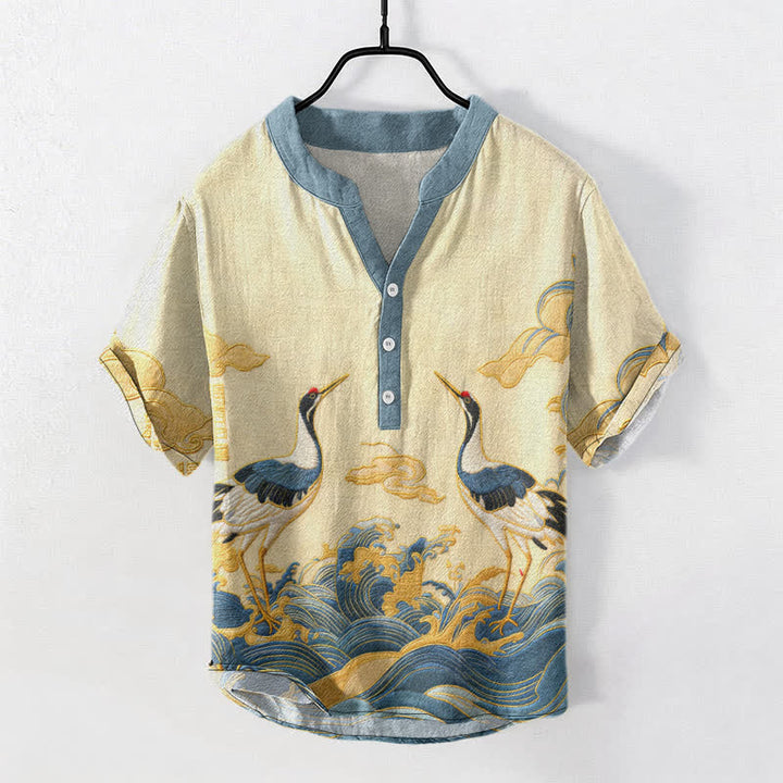 Buddha Stones Cotton Crane Wave Emblem Men's Short Sleeve Half Button Shirt - LightGoldenrodYellow - US/UK/AU50，EU60 (5XL) - image 0