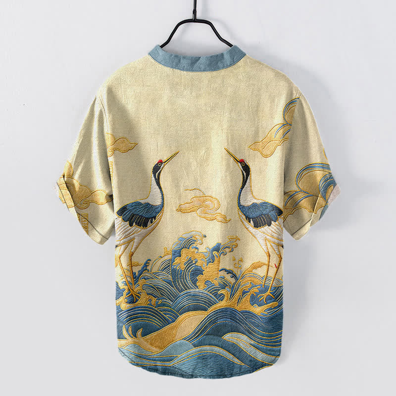 Buddha Stones Cotton Crane Wave Emblem Men's Short Sleeve Half Button Shirt - image 1