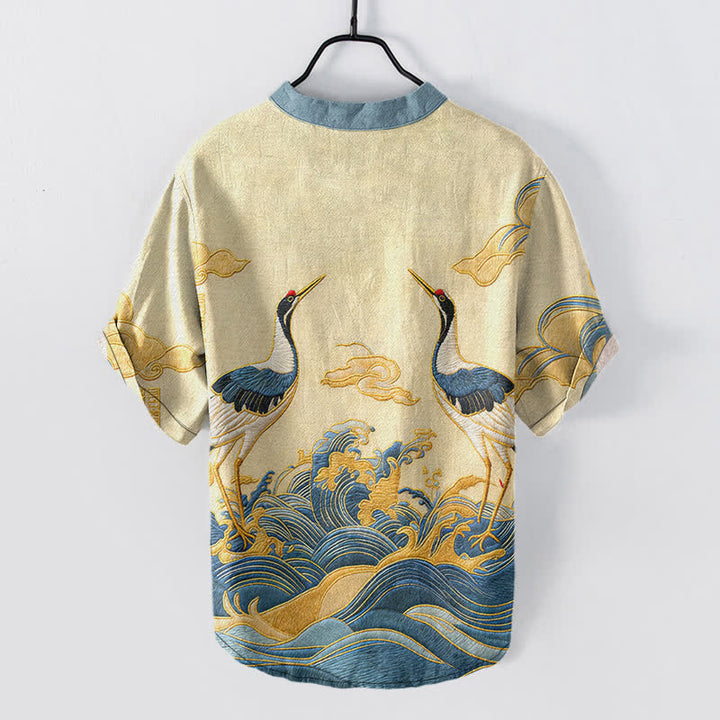 Buddha Stones Cotton Crane Wave Emblem Men's Short Sleeve Half Button Shirt - image 1