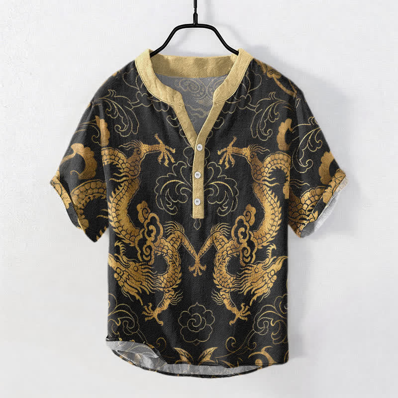 Buddha Stones Cotton Dragon Cloud Emblem Men's Short Sleeve Half Button Shirt - Gold - US/UK/AU50，EU60 (5XL) - image 0