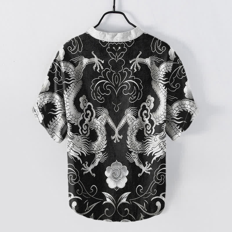 Buddha Stones Cotton Dragon Cloud Emblem Men's Short Sleeve Half Button Shirt - image 8