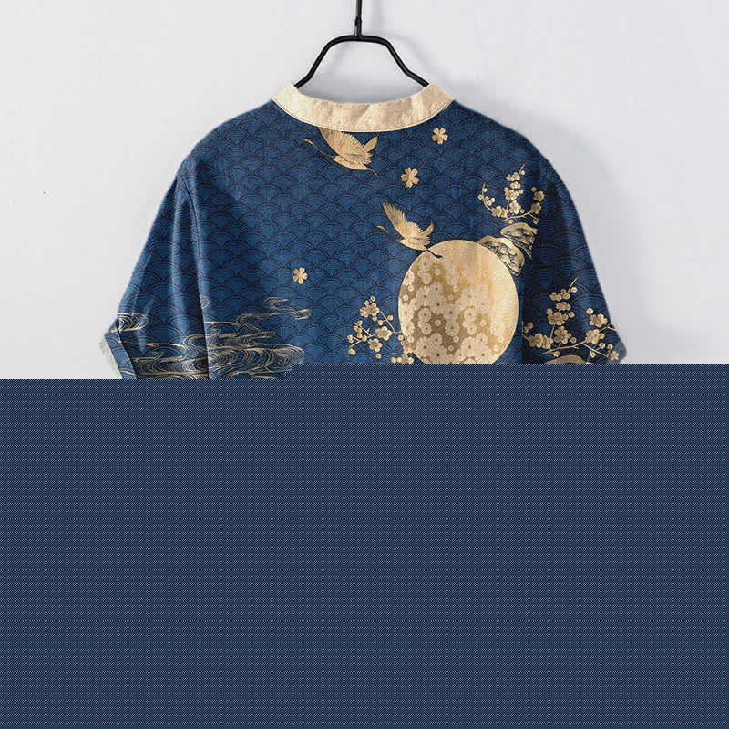 Buddha Stones Cotton Plum Blossom Full Moon Crane Emblem Men's Short Sleeve Half Button Shirt - image 1