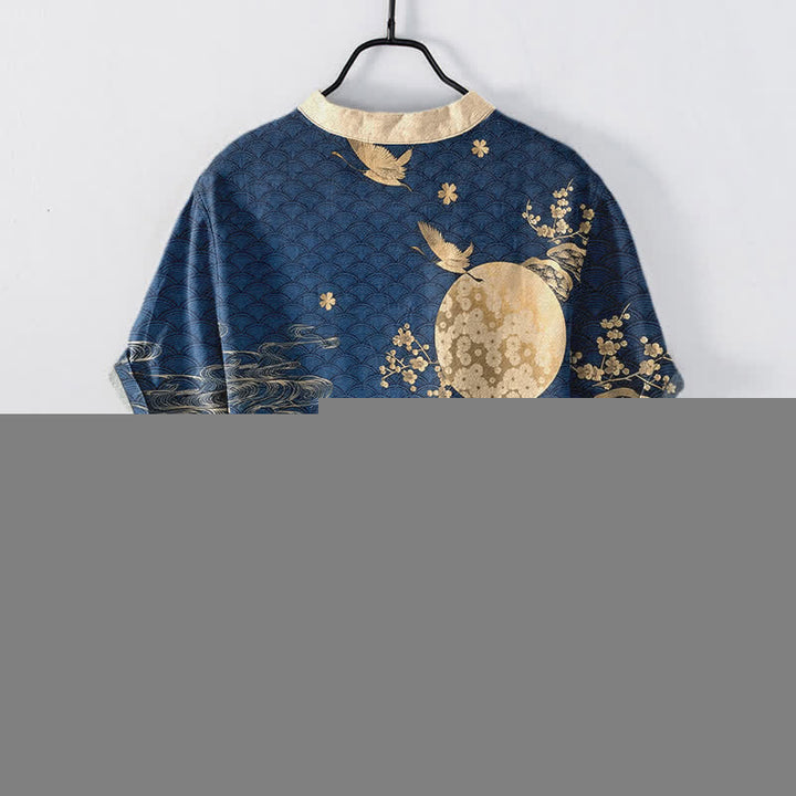 Buddha Stones Cotton Plum Blossom Full Moon Crane Emblem Men's Short Sleeve Half Button Shirt - image 1