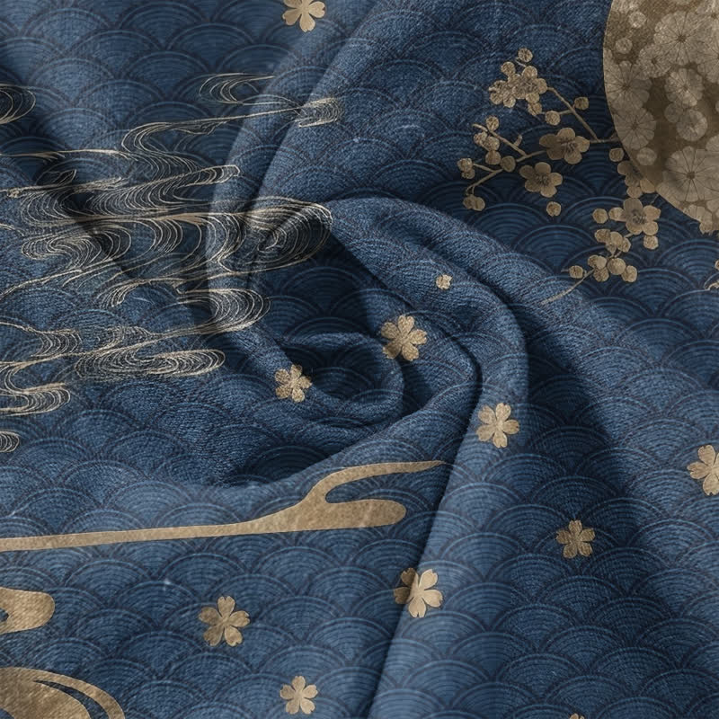 Buddha Stones Cotton Plum Blossom Full Moon Crane Emblem Men's Short Sleeve Half Button Shirt - image 4