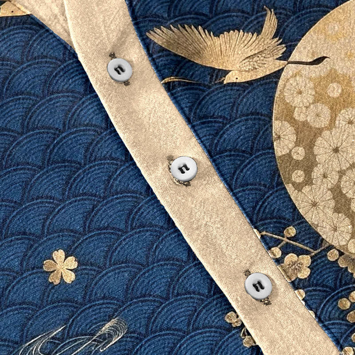 Buddha Stones Cotton Plum Blossom Full Moon Crane Emblem Men's Short Sleeve Half Button Shirt - image 3