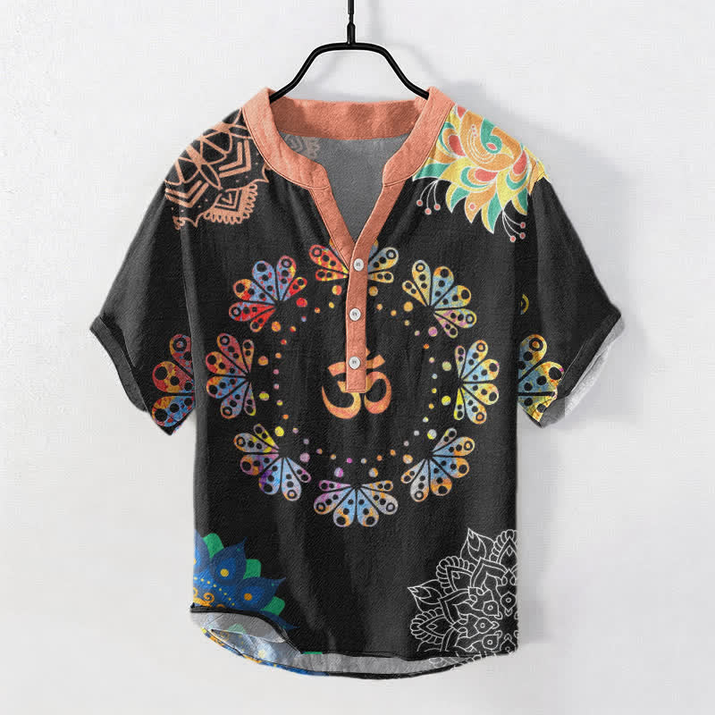 Buddha Stones Cotton Om Lotus Mandala Peacock Emblem Men's Short Sleeve Half Button Shirt - Black - US/UK/AU50，EU60 (5XL) - image 0
