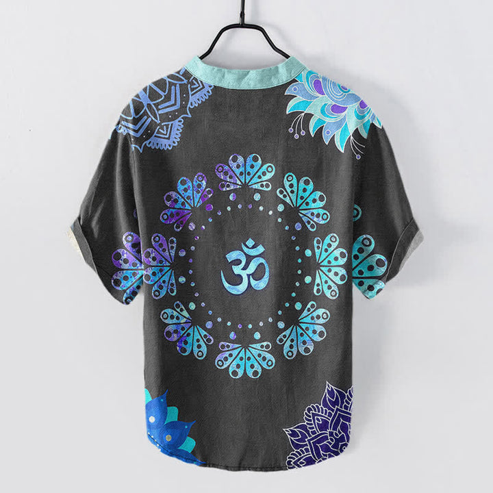 Buddha Stones Cotton Om Lotus Mandala Peacock Emblem Men's Short Sleeve Half Button Shirt - image 6