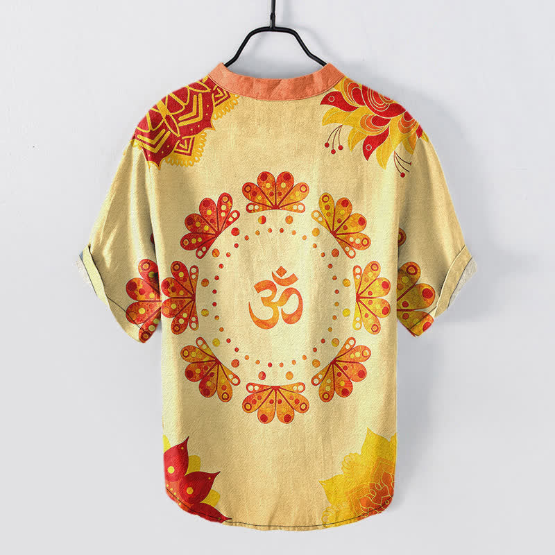 Buddha Stones Cotton Om Lotus Mandala Peacock Emblem Men's Short Sleeve Half Button Shirt - image 8