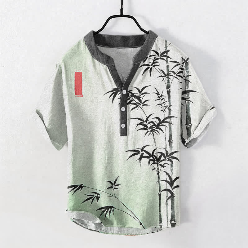 Buddha Stones Cotton Bamboo Emblem Men's Short Sleeve Half Button Shirt - Honeydew - US/UK/AU50，EU60 (5XL) - image 0