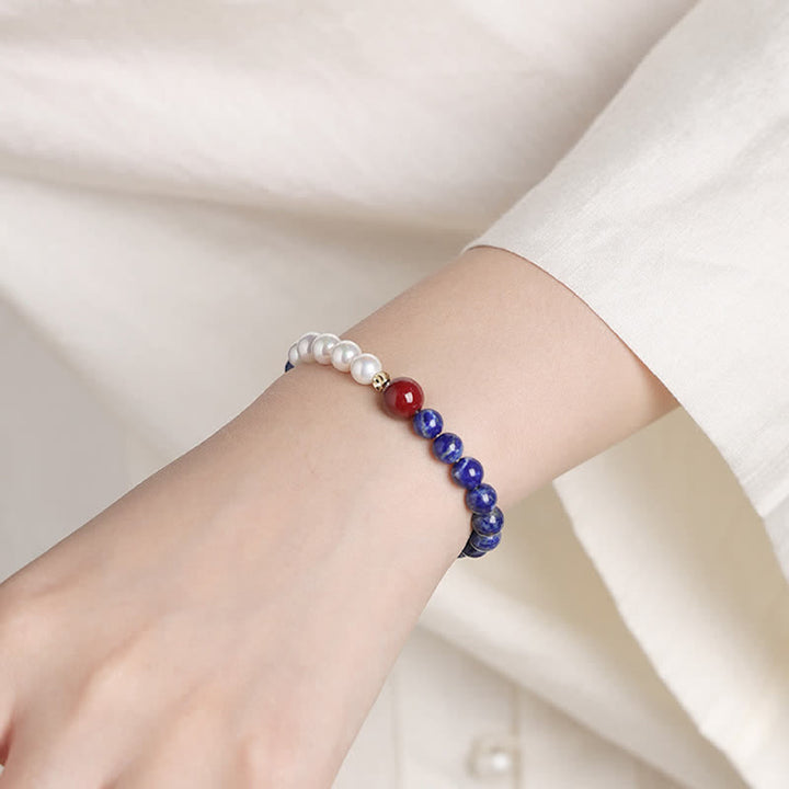 Buddha Stones Lapis Lazuli Lazurite Pearl Cinnabar Positive Beaded Bracelet - image 9