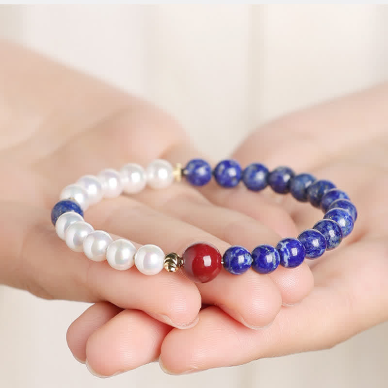 Buddha Stones Lapis Lazuli Lazurite Pearl Cinnabar Positive Beaded Bracelet - image 4