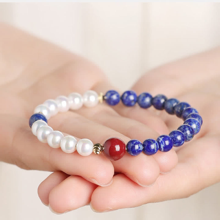 Buddha Stones Lapis Lazuli Lazurite Pearl Cinnabar Positive Beaded Bracelet - image 4