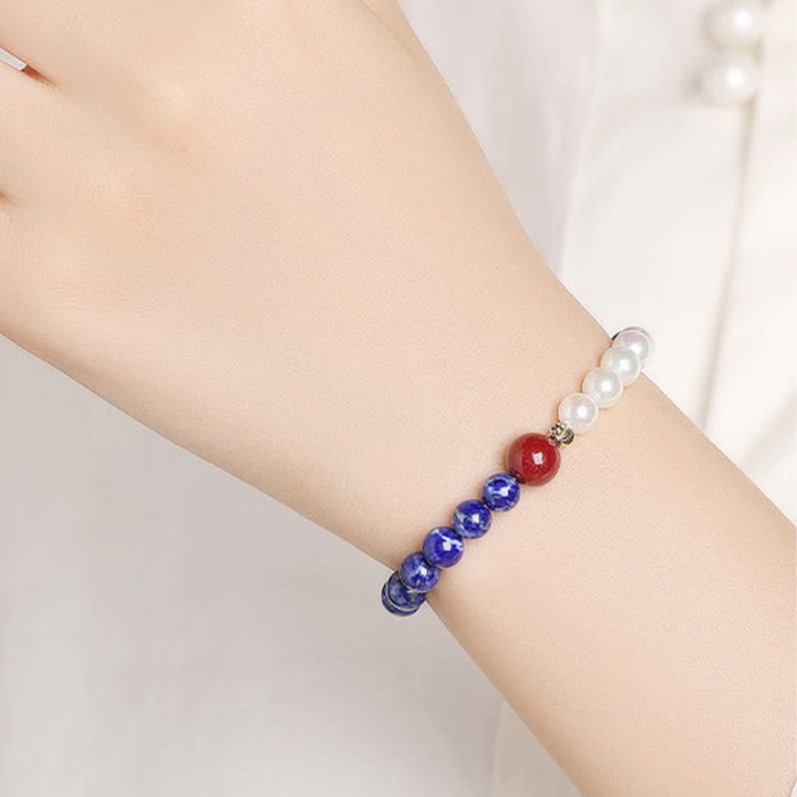 Buddha Stones Lapis Lazuli Lazurite Pearl Cinnabar Positive Beaded Bracelet - image 10