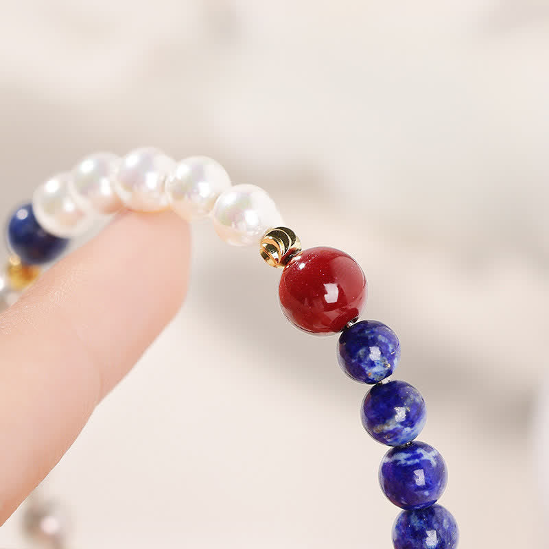 Buddha Stones Lapis Lazuli Lazurite Pearl Cinnabar Positive Beaded Bracelet - image 3