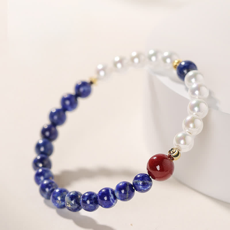 Buddha Stones Lapis Lazuli Lazurite Pearl Cinnabar Positive Beaded Bracelet - image 2