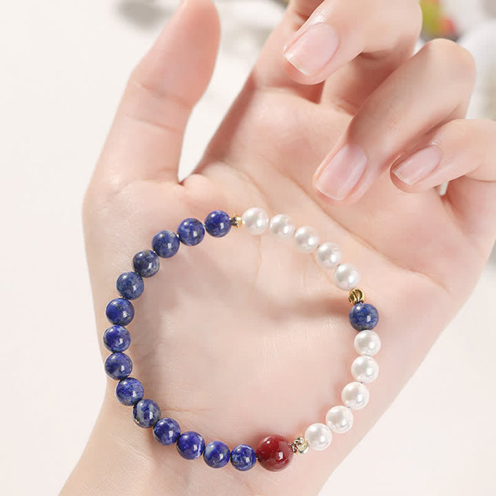 Buddha Stones Lapis Lazuli Lazurite Pearl Cinnabar Positive Beaded Bracelet - image 8
