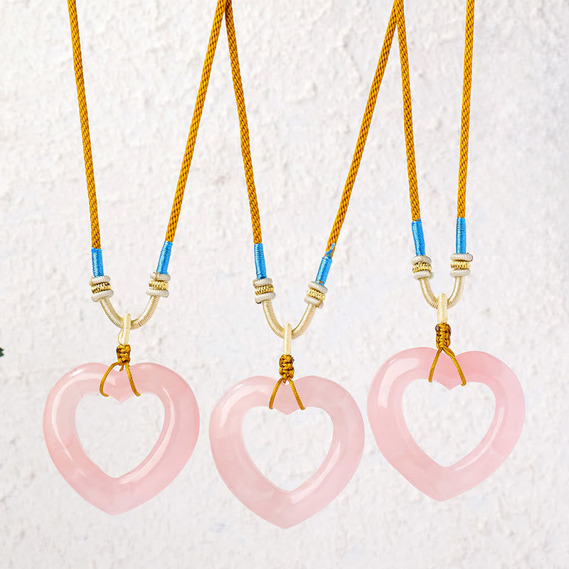 Buddha Stones Natural Rose Quartz Hollow Love Heart Caring Necklace Pendant - image 0
