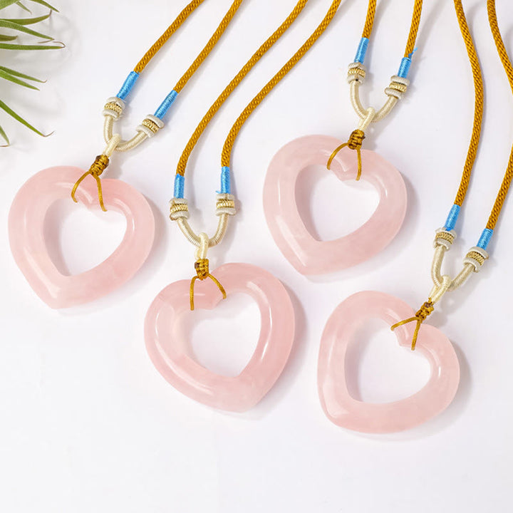Buddha Stones Natural Rose Quartz Hollow Love Heart Caring Necklace Pendant - image 3
