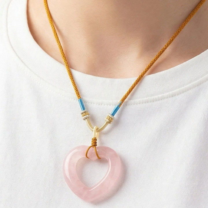 Buddha Stones Natural Rose Quartz Hollow Love Heart Caring Necklace Pendant - image 6
