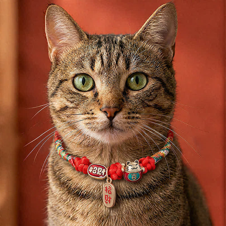 Buddha Stones Red String Plaited Auspicious Fu Character Protection Adjustable Cats Pet Collar - Red - 18-25cm - image 0