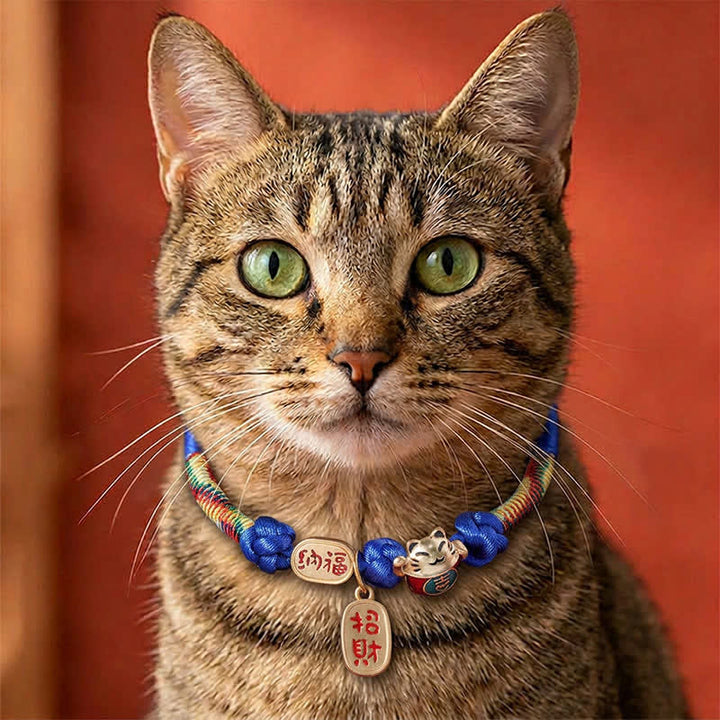 Buddha Stones Red String Plaited Auspicious Fu Character Protection Adjustable Cats Pet Collar - Blue - 18-25cm - image 8
