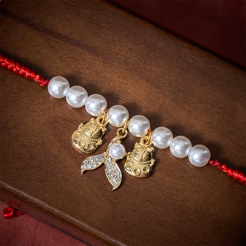 Buddha Stones Red String Plaited Pearl Fish Tail Protection Adjustable Cats Pet Collar - image 4