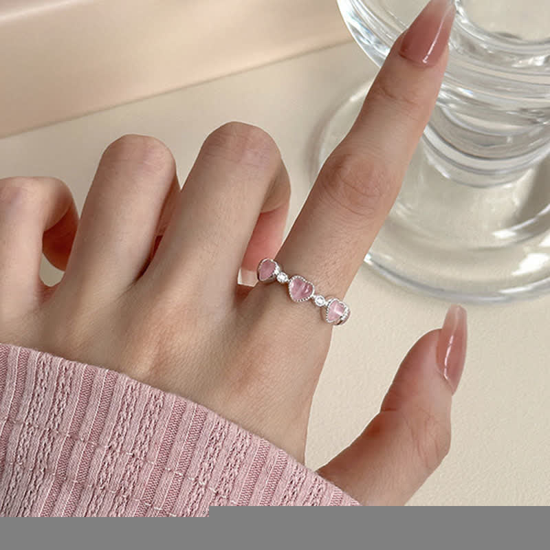 Buddha Stones 925 Sterling Silver Pink Cat's Eye Heart Design Adjustable Love Ring - image 8