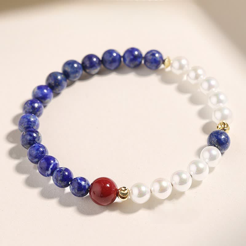 Buddha Stones Lapis Lazuli Lazurite Pearl Cinnabar Positive Beaded Bracelet - image 0