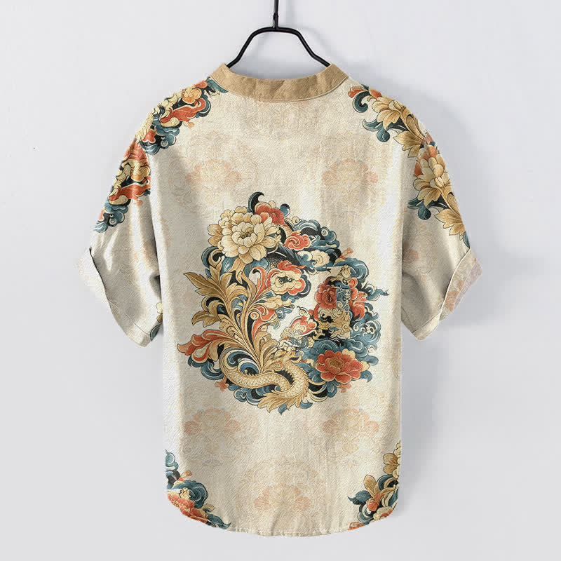 Buddha Stones Cotton Oriental Peony Phoenix Pattern Men's Short Sleeve Half Button Shirt - image 1