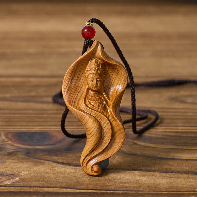 Buddha Stones Guanyin Kwan Yin Avalokiteśvara Lotus Leaf Platycladus Orientalis Wood Wealth Necklace Pendant - image 1
