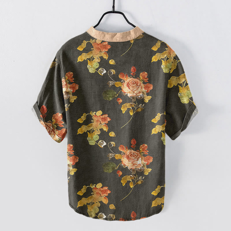 Buddha Stones Pure Cotton Vintage Rose Garden Pattern Men's Short Sleeve Half Button Shirt - image 1