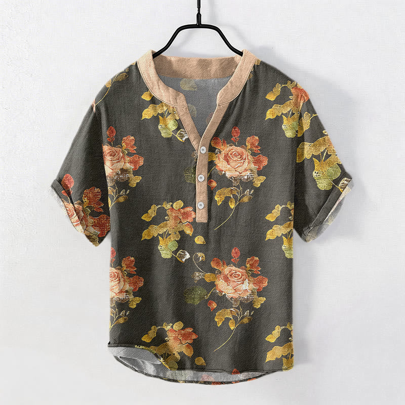 Buddha Stones Pure Cotton Vintage Rose Garden Pattern Men's Short Sleeve Half Button Shirt - Gray - US/UK/AU50，EU60 (5XL) - image 0
