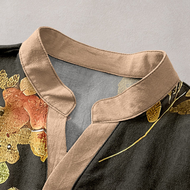Buddha Stones Pure Cotton Vintage Rose Garden Pattern Men's Short Sleeve Half Button Shirt - image 2