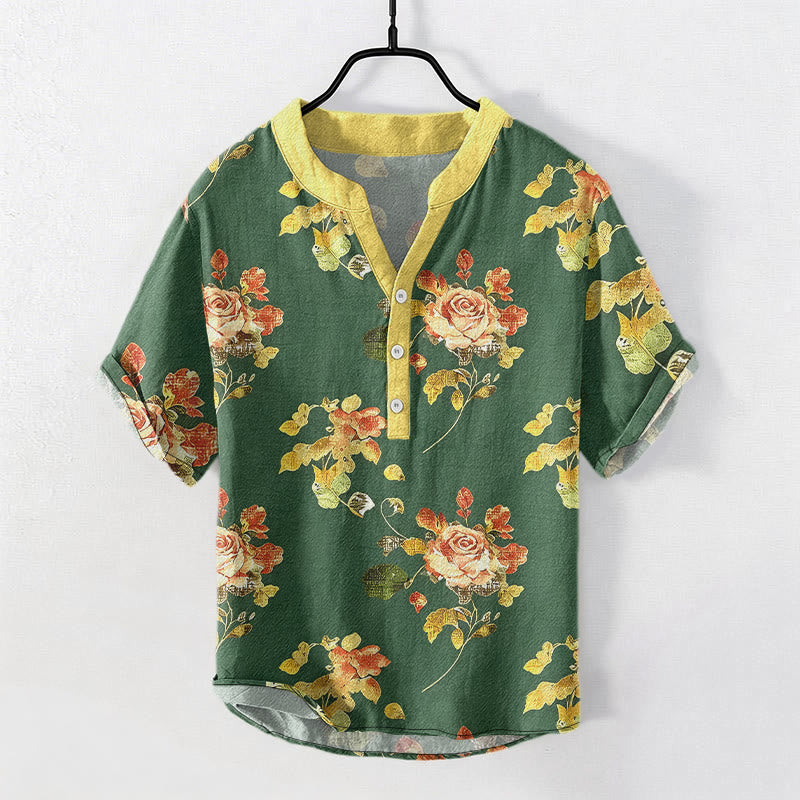 Buddha Stones Pure Cotton Vintage Rose Garden Pattern Men's Short Sleeve Half Button Shirt - ForestGreen - US/UK/AU50，EU60 (5XL) - image 5