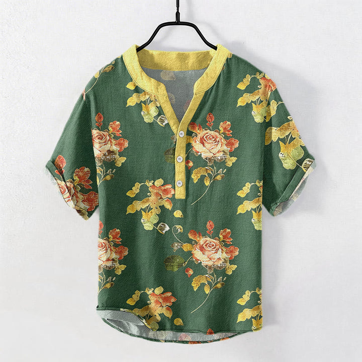 Buddha Stones Pure Cotton Vintage Rose Garden Pattern Men's Short Sleeve Half Button Shirt - ForestGreen - US/UK/AU50，EU60 (5XL) - image 5