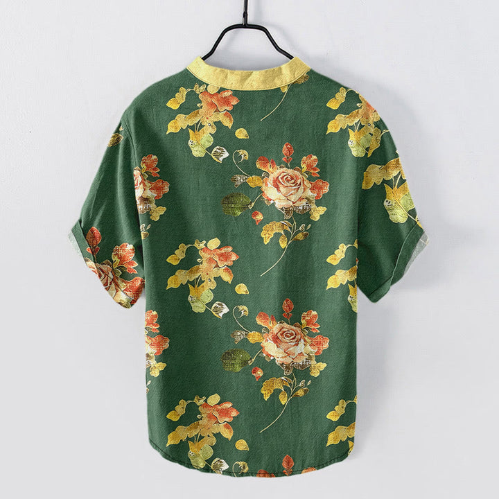 Buddha Stones Pure Cotton Vintage Rose Garden Pattern Men's Short Sleeve Half Button Shirt - image 6