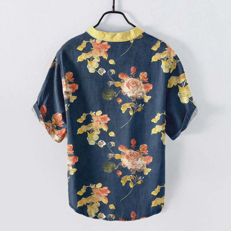 Buddha Stones Pure Cotton Vintage Rose Garden Pattern Men's Short Sleeve Half Button Shirt - image 8