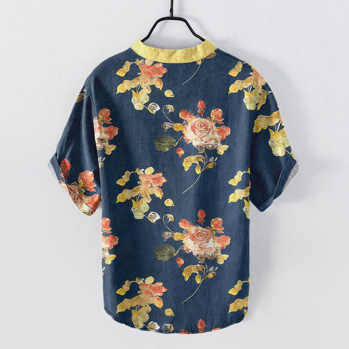Buddha Stones Pure Cotton Vintage Rose Garden Pattern Men's Short Sleeve Half Button Shirt - image 8