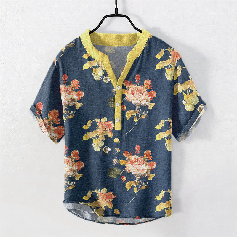 Buddha Stones Pure Cotton Vintage Rose Garden Pattern Men's Short Sleeve Half Button Shirt - Navy - US/UK/AU50，EU60 (5XL) - image 7